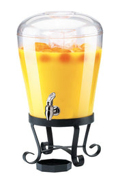 A clear 3-gallon beverage dispenser with a spout and black metal stand, BPA Free, filled with orange-yellow juice and ice cubes. It features a domed lid, curved legs, and a tray beneath the spout to catch drips.