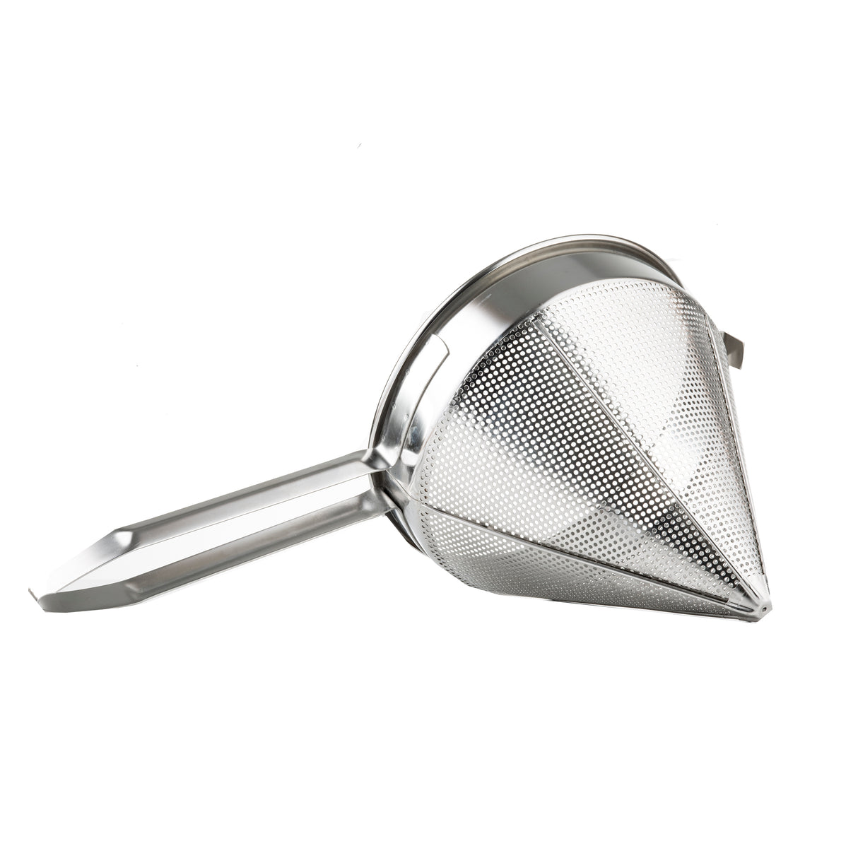 A heavy duty China Cap Strainer made of stainless steel, featuring a fine mesh surface, sturdy handle, and a hook for resting on containers, shown isolated on a white background.