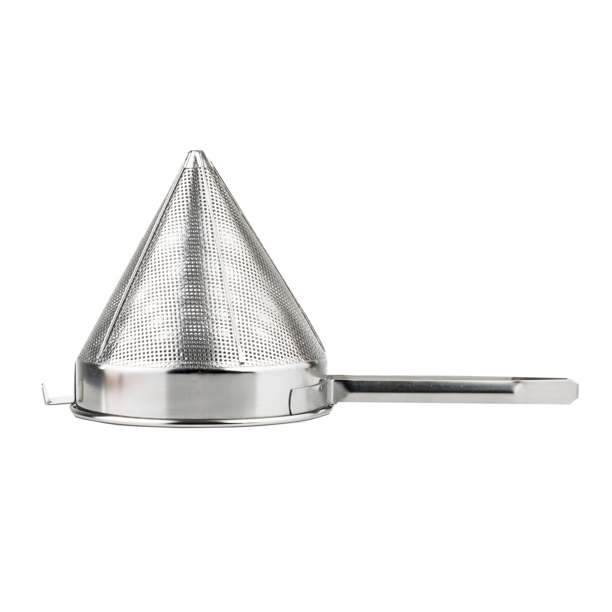 A heavy duty stainless steel China Cap Strainer with a fine mesh, flat metal rim, small side hook, and a long straight handle, shown on a white background.