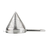 A heavy duty stainless steel China Cap Strainer with a fine mesh, flat metal rim, small side hook, and a long straight handle, shown on a white background.