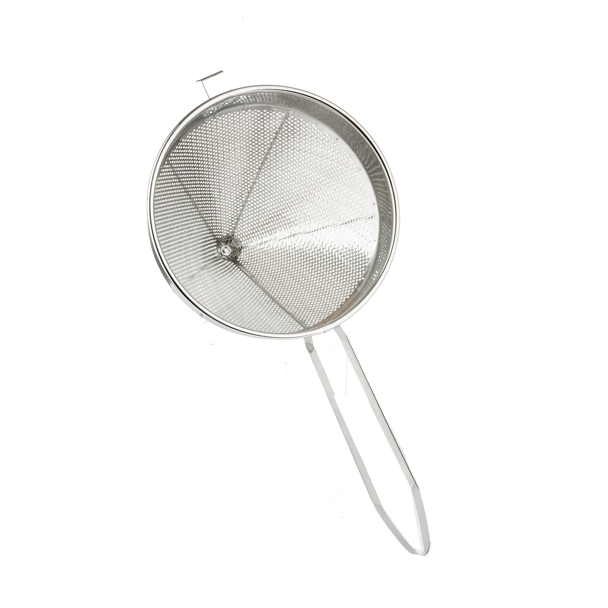 A heavy duty stainless steel mesh strainer with a fine sieve and long, thin handle is shown from above on a white background, clearly displaying its round basket and supporting frame. The object casts a subtle shadow below.