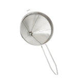 A heavy duty stainless steel mesh strainer with a fine sieve and long, thin handle is shown from above on a white background, clearly displaying its round basket and supporting frame. The object casts a subtle shadow below.