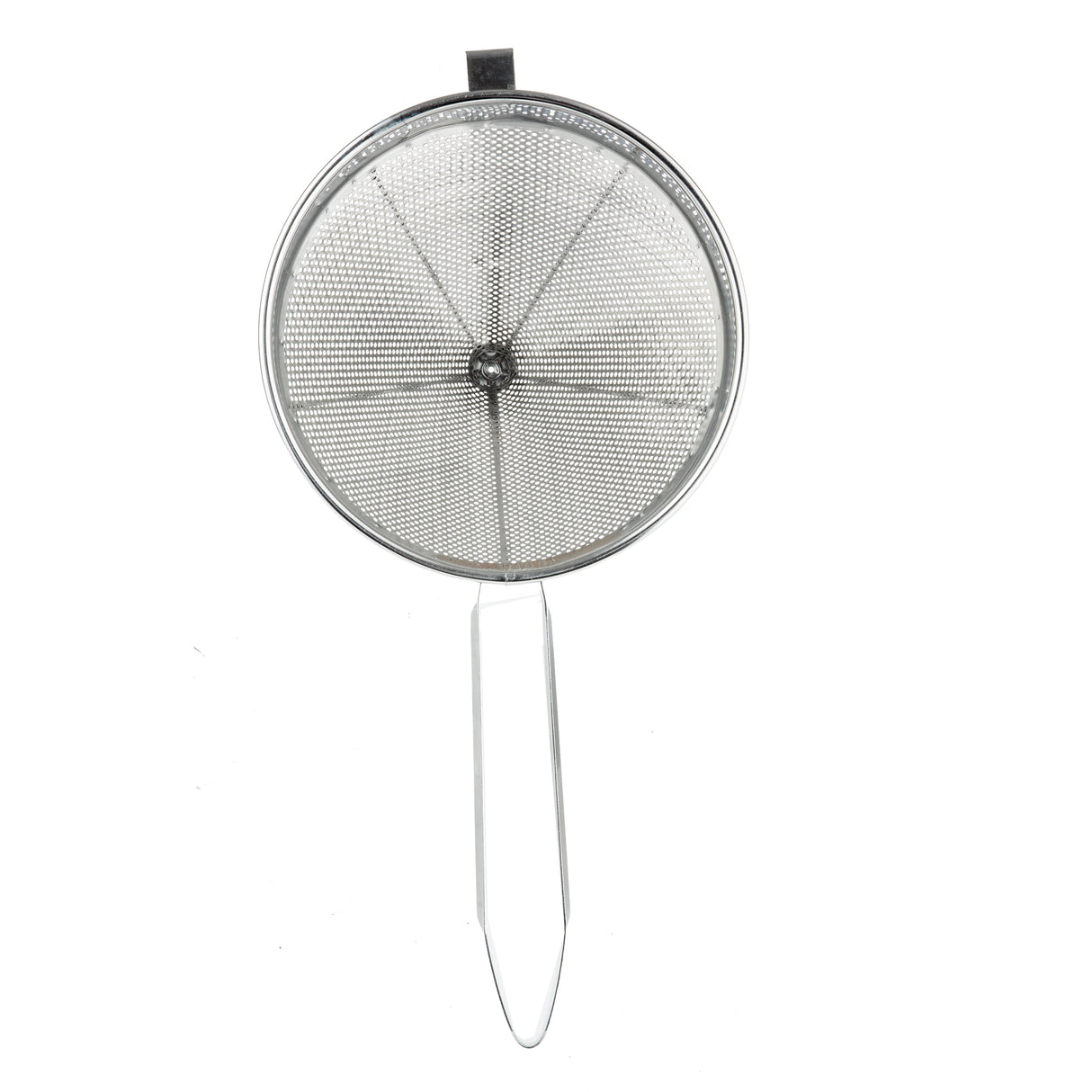 A heavy duty stainless steel mesh strainer with a round, fine wire basket, small top tab, and long handle extends downward. The strainer is photographed against a plain white background.