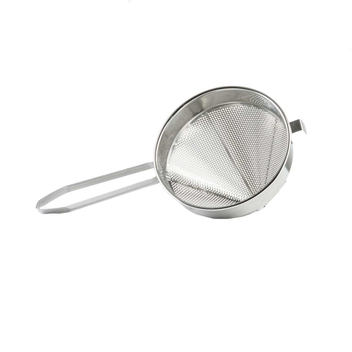 A heavy duty stainless steel China Cap Strainer with a round, fine mesh bowl and long handle is shown from above on a white background. The solid, flat handle and small metal hook opposite it provide added stability during use.