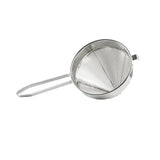 A heavy duty stainless steel China Cap Strainer with a round, fine mesh bowl and long handle is shown from above on a white background. The solid, flat handle and small metal hook opposite it provide added stability during use.