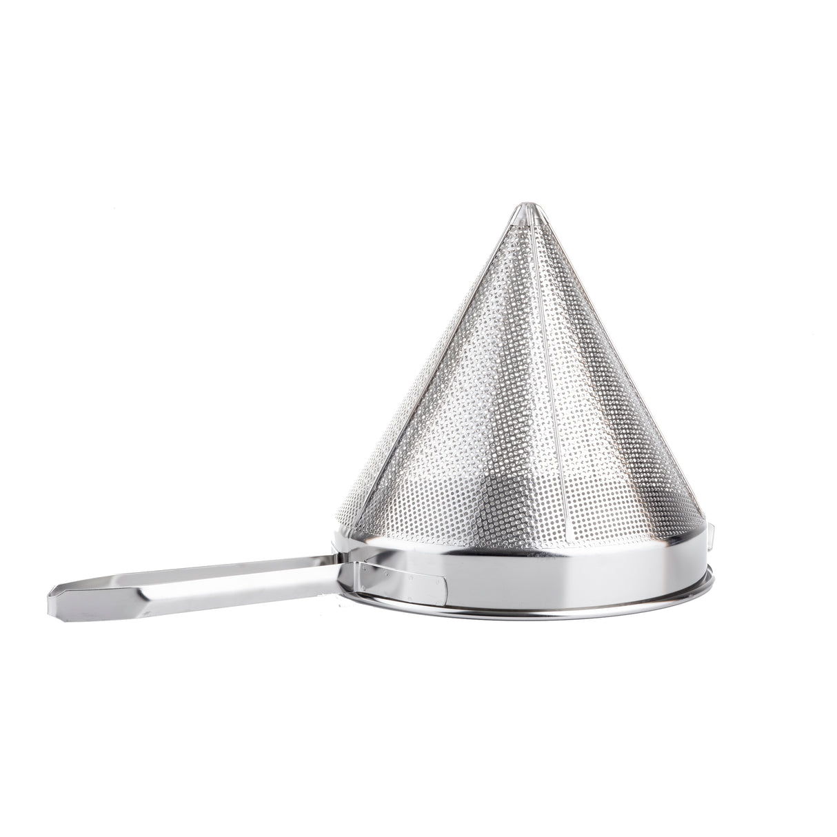 A heavy duty stainless steel strainer with a conical mesh, flat base rim, and sturdy handle is angled to display both cone and handle clearly. This China Cap Strainer is isolated on a white background.