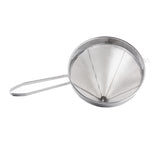 A heavy duty stainless steel strainer with a conical shape and long flat handle, this China Cap Strainer is ideal for sifting or straining foods. The strainer is clean and displayed on a white background.