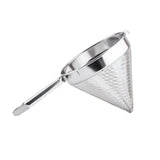 A stainless steel strainer with fine mesh, long flat handle, and a rim hook. This heavy duty strainer is angled to showcase its pointed end and smooth, reflective surface against a white background.