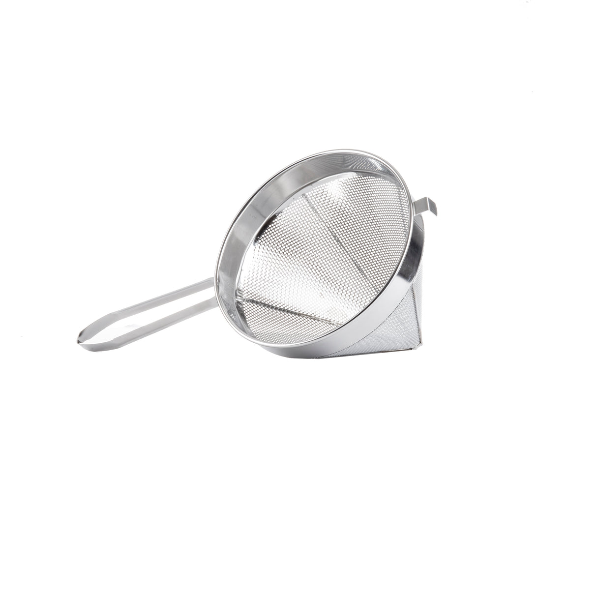 A heavy duty China Cap Strainer with a conical shape, fine mesh, and long handle is positioned on a white background. The stainless steel strainer is angled to display both the mesh basket and the handle.