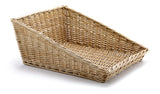 Rectangular handwoven basket with a slanted open front and higher sides and back. Made from light-colored woven material, this willow basket offers easy access to items inside. The background is white.