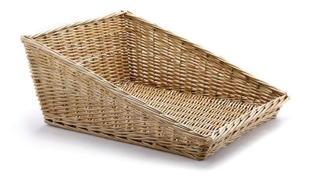 Rectangular handwoven basket with a slanted open front and higher sides and back. Made from light-colored woven material, this willow basket offers easy access to items inside. The background is white.