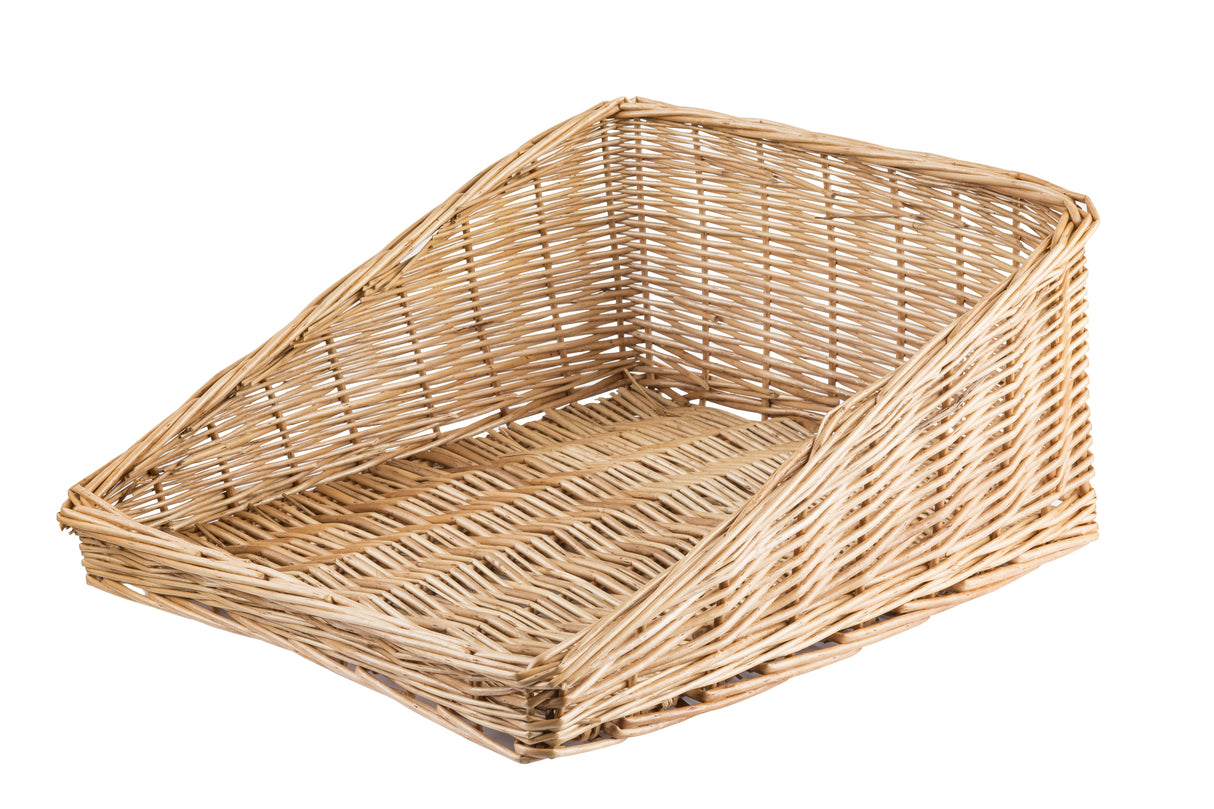 A rectangular handwoven basket with a low front and high back and sides, featuring a woven pattern. The angled design is ideal for displaying or storing items like bread or produce, offering easy access from the front.