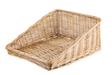 A rectangular handwoven basket with a low front and high back and sides, featuring a woven pattern. The angled design is ideal for displaying or storing items like bread or produce, offering easy access from the front.
