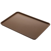 A rectangular, brown Camlite Tray with raised edges on all sides is shown on a white background. The tray is empty, angled slightly, and appears to have a non-stick coating and dishwasher safe tray features.