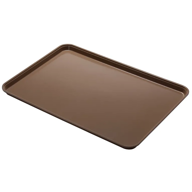 A rectangular, brown Camlite Tray with raised edges on all sides is shown on a white background. The tray is empty, angled slightly, and appears to have a non-stick coating and dishwasher safe tray features.