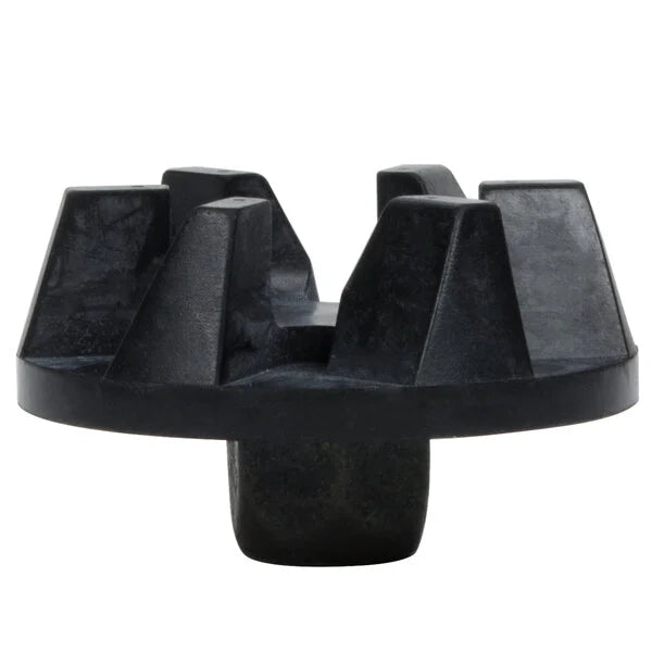 A black, round plastic spacer with four tall, angled fins and a central cylindrical base. This HGB150 accessory is likely used in construction to support or separate materials such as rebar in concrete work.