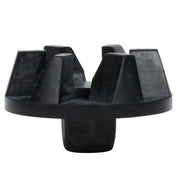 A black, round plastic spacer with four tall, angled fins and a central cylindrical base. This HGB150 accessory is likely used in construction to support or separate materials such as rebar in concrete work.