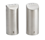 Two modern, stainless steel shakers stand side by side. This salt pepper shaker set features a brushed metal finish and rounded rectangular shapes. Both are labeled for salt or pepper and are dishwasher safe for easy cleaning.
