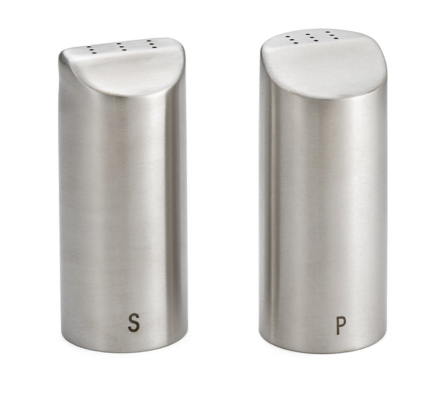Two modern, stainless steel shakers stand side by side. This salt pepper shaker set features a brushed metal finish and rounded rectangular shapes. Both are labeled for salt or pepper and are dishwasher safe for easy cleaning.