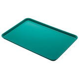 A rectangular, teal-colored Camlite Tray with slightly raised edges is shown on a plain white background. The glossy, dishwasher safe tray is simple and empty, with no visible branding or markings. Both the top and side edges are visible.