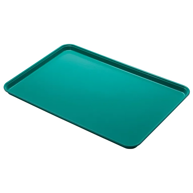 A rectangular, teal-colored Camlite Tray with slightly raised edges is shown on a plain white background. The glossy, dishwasher safe tray is simple and empty, with no visible branding or markings. Both the top and side edges are visible.