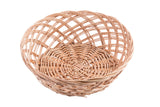 A round, empty handwoven basket with an open weave pattern. This light brown willow basket is made from natural materials, shown from a top angle on a white background. The weaving is crisscrossed along the sides and tighter at the base.