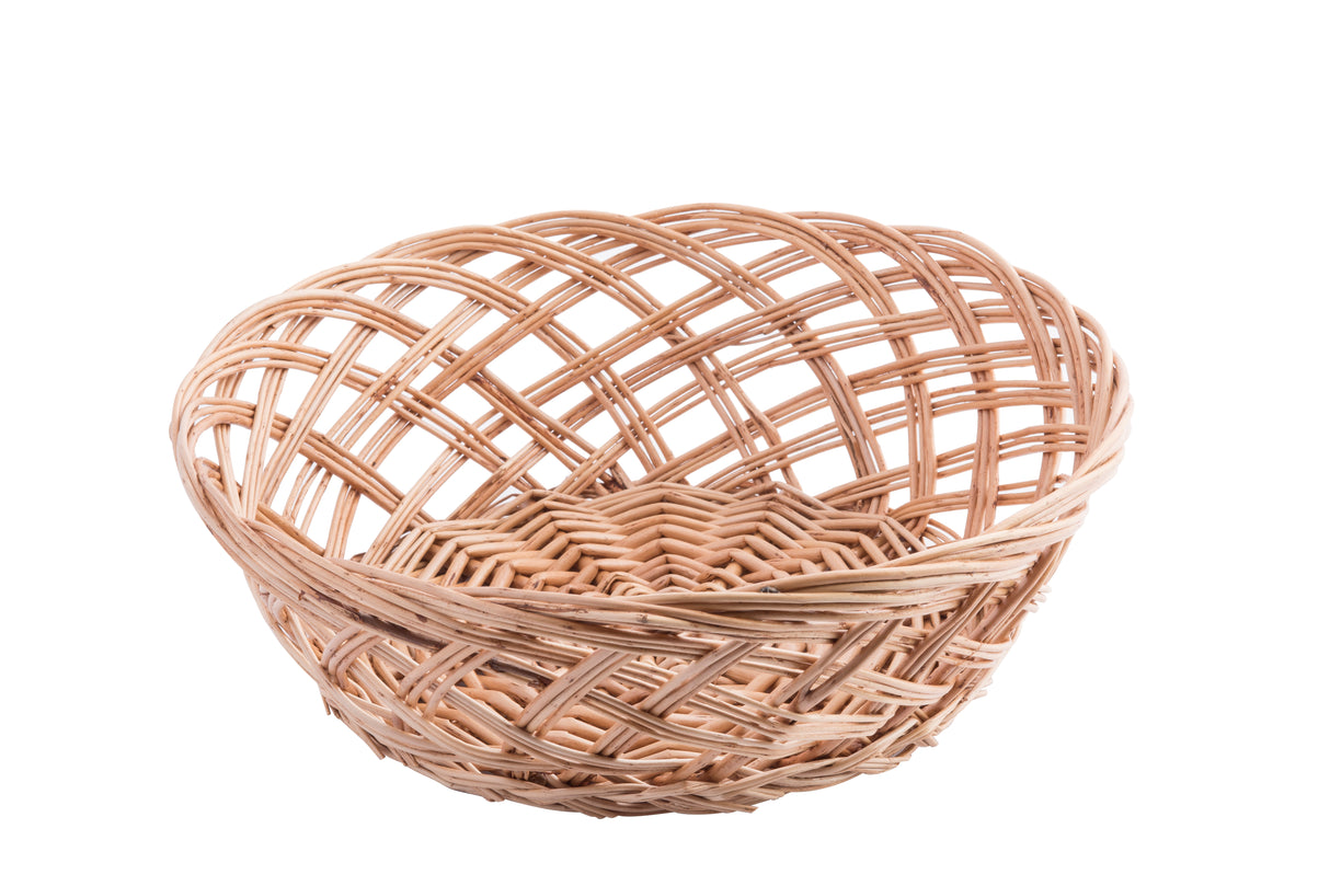 A round, empty willow basket with a light brown color. The handwoven basket features a crisscross weave pattern and a slightly flared rim, set against a plain white background.