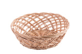 A round, empty willow basket with a light brown color. The handwoven basket features a crisscross weave pattern and a slightly flared rim, set against a plain white background.