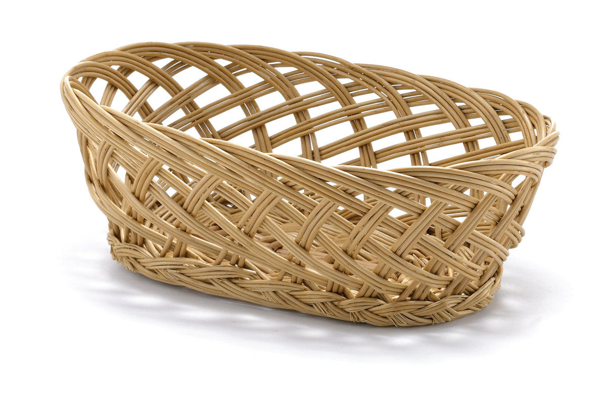 A light brown, oval-shaped willow basket with a crisscross woven pattern. The handwoven basket is empty and sits on a white surface, casting a faint shadow. The woven design creates an open, airy appearance.