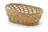 A light brown, oval-shaped willow basket with a crisscross woven pattern. The handwoven basket is empty and sits on a white surface, casting a faint shadow. The woven design creates an open, airy appearance.