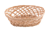 A round, empty handwoven basket with a crisscross pattern made from light brown, natural woven fibers. The basket has an open weave design, shallow depth, and is set against a white background.