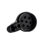 A black, circular plastic socket with six round holes and a hinged cover, shown on a white background. The moisture proof socket features a visible metal spring on the left side, part of the cover mechanism.
