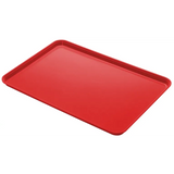 A rectangular, bright red Camlite Tray with raised edges and a smooth surface is shown against a plain white background. The tray is positioned at a slight angle, revealing its shallow depth and shiny NSF-certified finish.