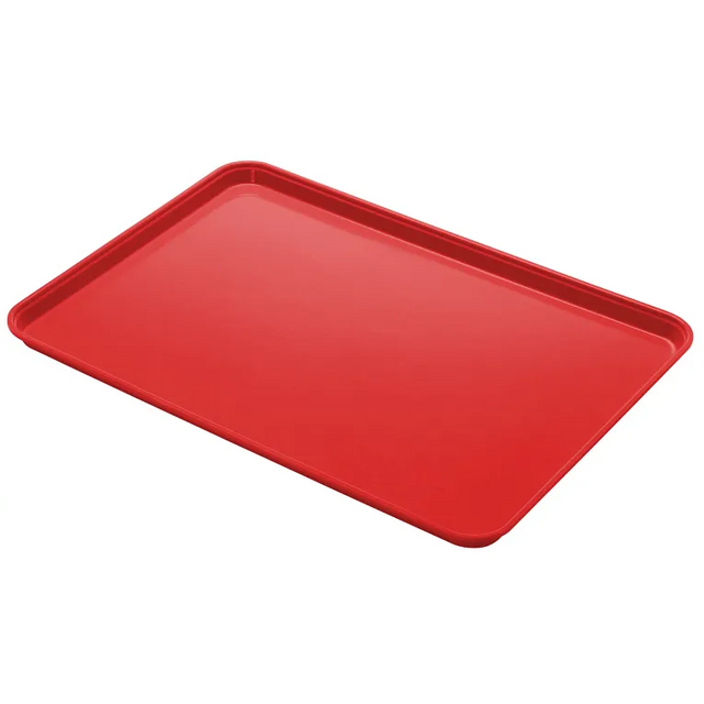 A rectangular, bright red Camlite Tray with raised edges and a smooth surface is shown against a plain white background. The tray is positioned at a slight angle, revealing its shallow depth and shiny NSF-certified finish.