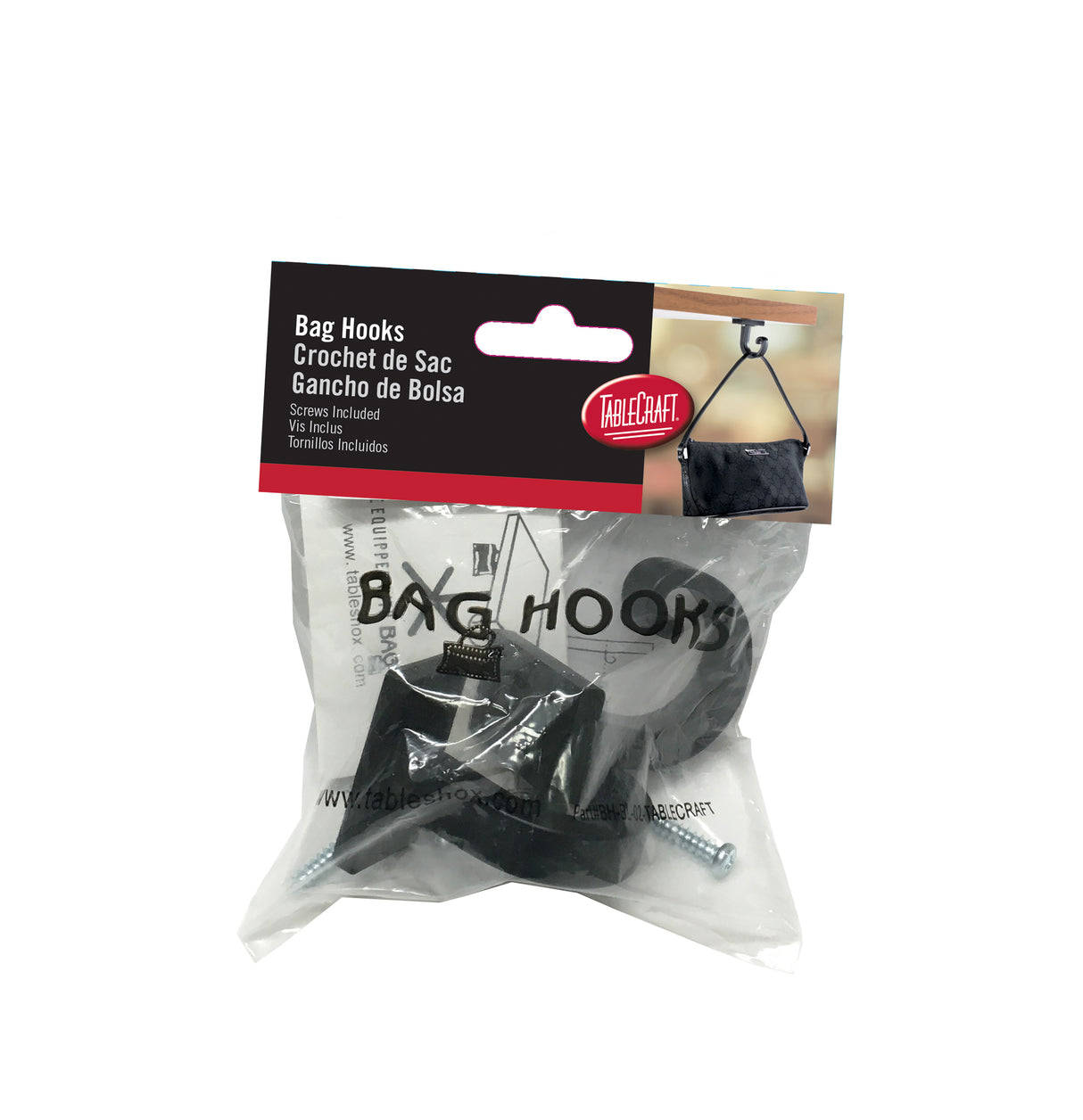 A packaged TableCraft bag hook set, including a black metal, dishwasher safe hook, mounting screws, and instructions. The label displays the product name in English, French, and Spanish with an image of a bag hanging from the hook.