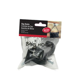 A packaged TableCraft bag hook set, including a black metal, dishwasher safe hook, mounting screws, and instructions. The label displays the product name in English, French, and Spanish with an image of a bag hanging from the hook.