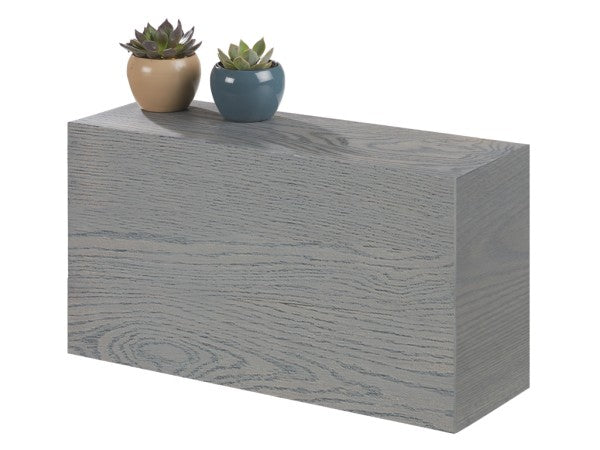 A rectangular, gray wash Ashwood Display Riser with a visible wood grain pattern. On top are two small round pots, one beige and one blue-gray, each holding a succulent. The scene is simple and minimalistic with a white background.
