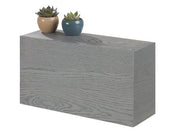 A rectangular, gray wash Ashwood Display Riser with a visible wood grain pattern. On top are two small round pots, one beige and one blue-gray, each holding a succulent. The scene is simple and minimalistic with a white background.