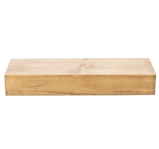 A rectangular, light brown Madera Display Tray with smooth surfaces and visible wood grain, including a prominent knot in the center. This rustic pine tray is photographed against a plain white background.