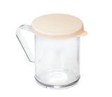 A clear plastic dredge shaker with a handle and a light beige, perforated lid. This BPA free container is cylindrical, with evenly spaced holes on the lid for sprinkling powders. The plain white background highlights its simple design.