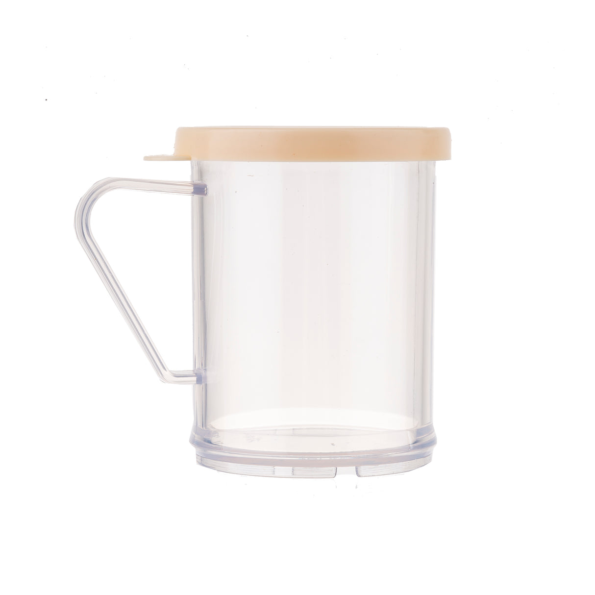 A clear plastic dredge shaker with a beige lid and a transparent handle on the left side. This BPA free, cylindrical container is shown on a plain white background.
