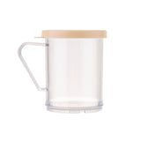 A clear plastic dredge shaker with a beige lid and a transparent handle on the left side. This BPA free, cylindrical container is shown on a plain white background.