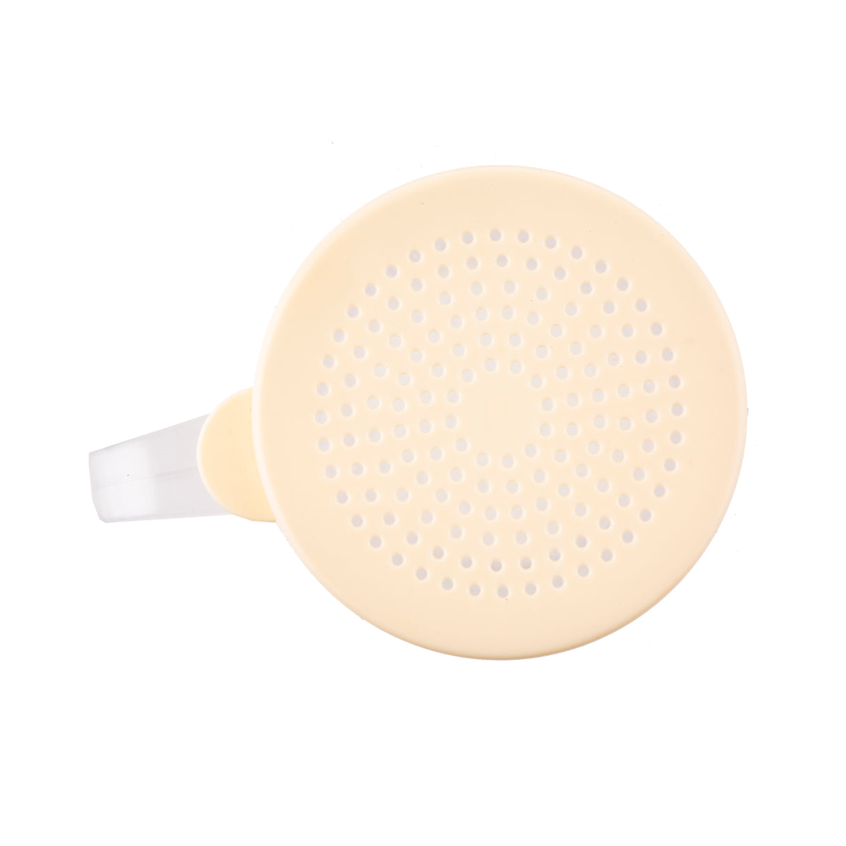 A top-down view of a beige, BPA free plastic watering can head with a round, perforated spout for evenly distributing water. The handle is visible on the left side against a plain white background.