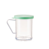 A transparent plastic dredge shaker with a flat, mint green lid and clear handle sits empty against a white background. Its simple, cylindrical design makes it perfect for dispensing fine ground spices and it's dishwasher safe for easy cleaning.