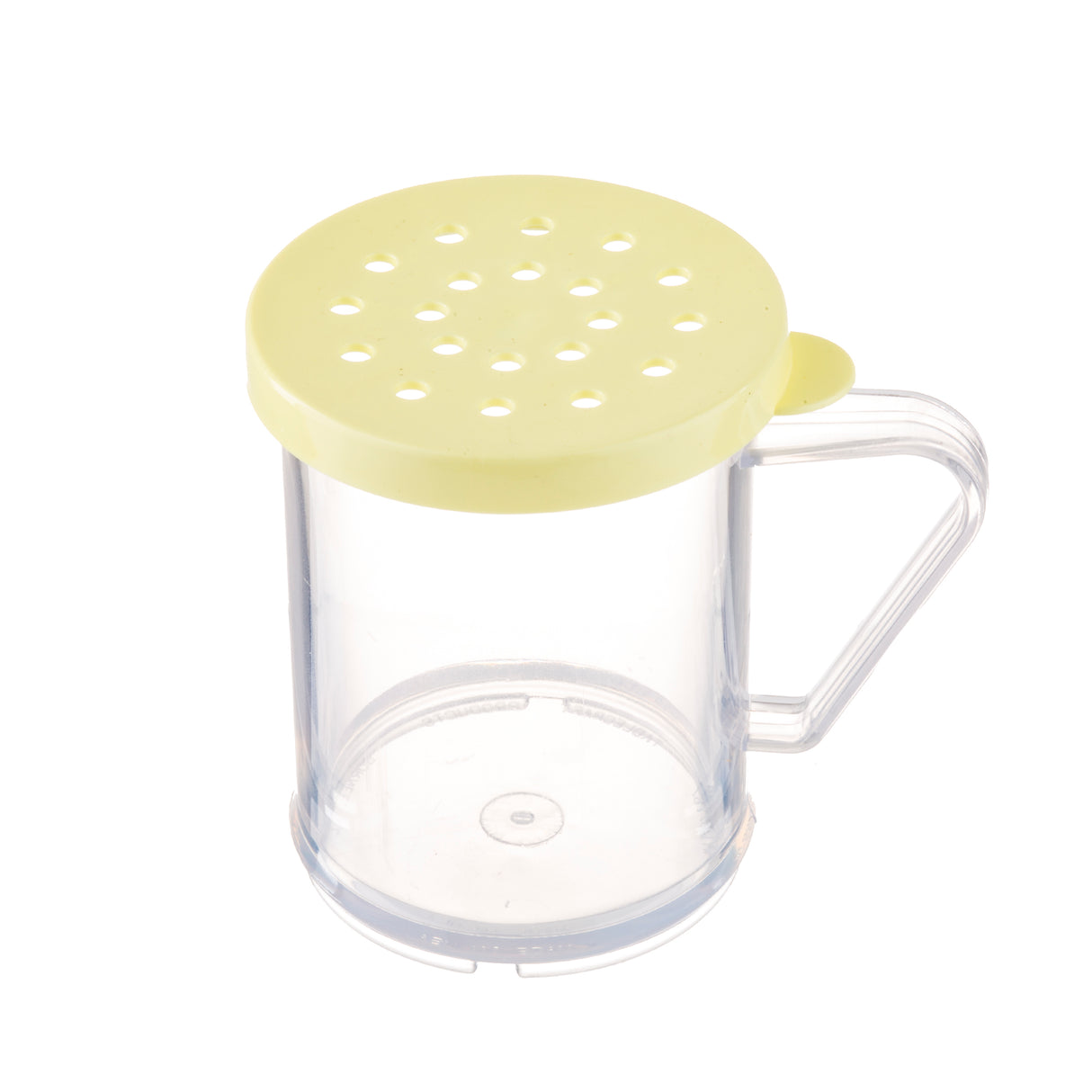A clear plastic BPA free mug with a yellow lid featuring multiple round holes. The mug has a large handle on the right side and sits on a flat surface—an ideal dredge shaker for sprinkling powdered ingredients.