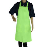 A mannequin wears a black collared shirt and a bright lime green, chef approved bib apron with two large front pockets. Made from a durable poly-cotton blend, the apron has a neck loop and waist ties. The mannequin’s left hand rests on its hip against a plain white background.