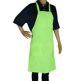 A mannequin wears a black collared shirt and a bright neon green chef approved bib apron with two front pockets. The poly-cotton blend apron has a neck loop and waist ties. The mannequin’s right hand rests on its hip; the left arm hangs straight down.