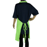 A mannequin wearing a dark navy shirt and black pants, shown from behind. Over the shirt is a chef approved bright green bib apron made from poly-cotton blend, tied at the waist with two strings and hanging down the sides and back.
