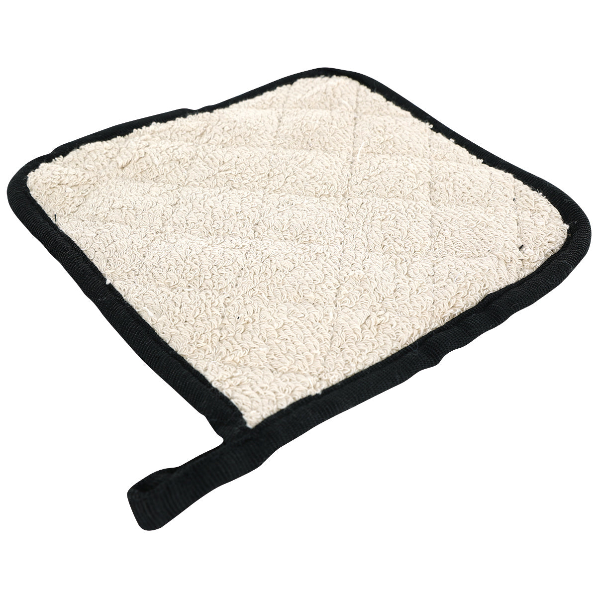 A beige, textured terry cloth pot holder with a quilted pattern and a loop in one corner. It features a black fabric border, is machine washable, and lays flat on a white background.