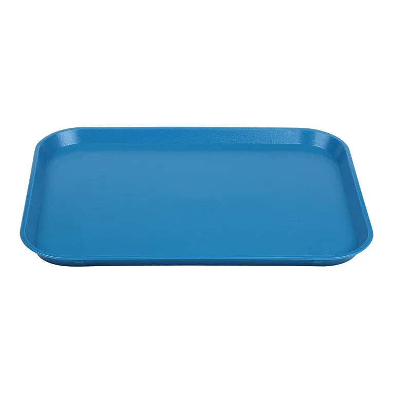 A blue rectangular polycarbonate tray with slightly raised edges and rounded corners. The NSF-certified tray is empty and photographed against a white background, highlighting its flat surface and smooth finish.
